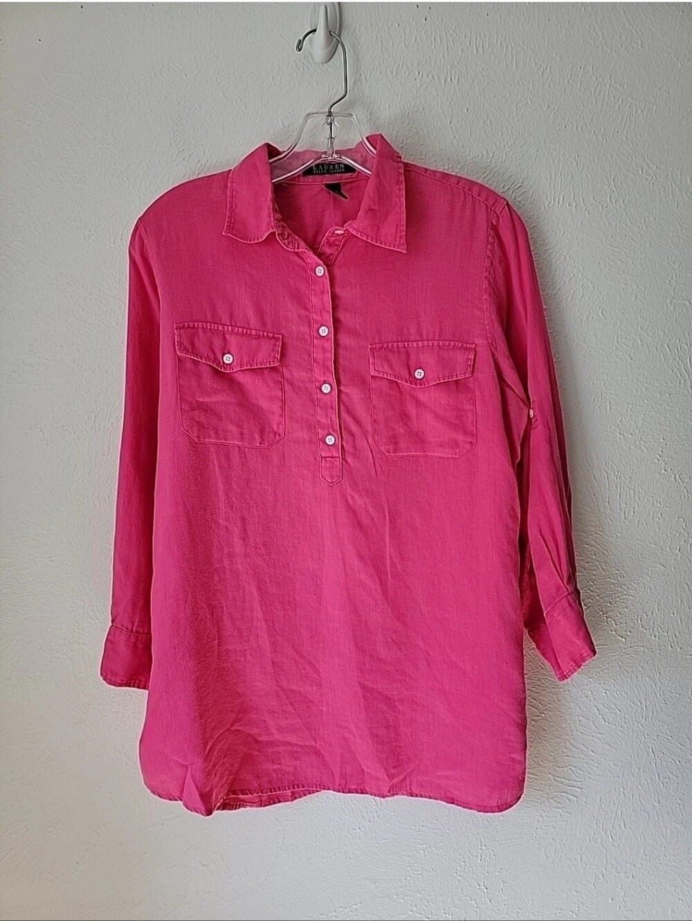Lauren Ralph Lauren Women's Hot Pink Button-Front Tunic Top 100% Linen